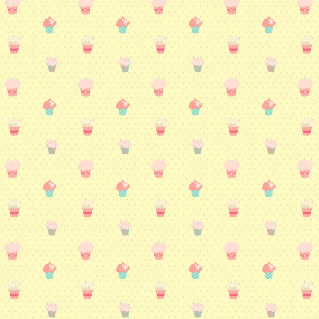 a pattern of cupcakes on a yellow background, a pastel, by Ayami Kojima, tumblr, tileset, [ [ soft ] ], tea party, version 3