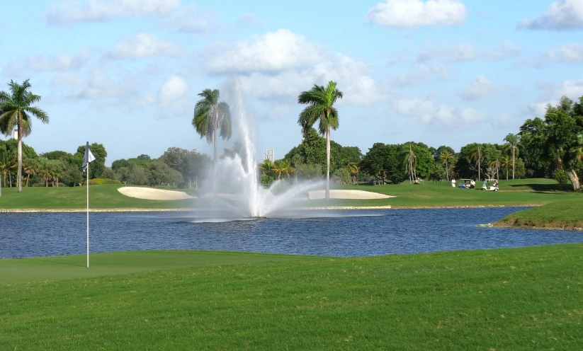a water fountain in the middle of a golf course, by Robert Jacobsen, flickr, miami, from the distance, 7 7 7 7, large