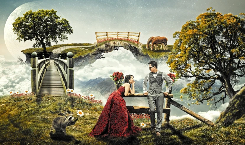 a woman in a red dress standing next to a man in a gray suit, a picture, inspired by Rudy Siswanto, romanticism, fairyland bridge, filled with fauna, photoshoped, chinese style
