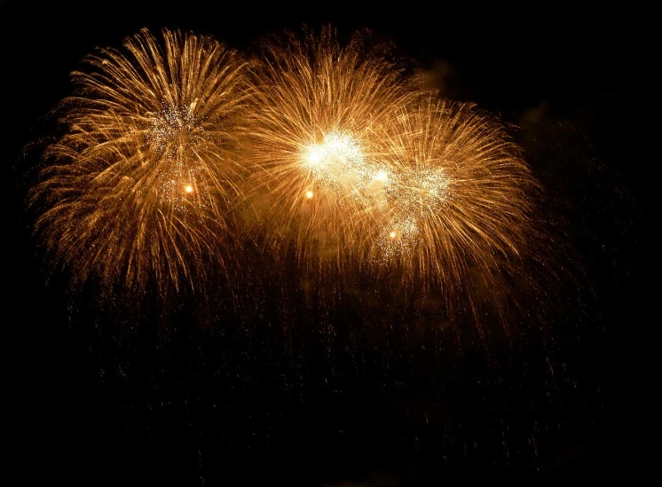 a couple of fireworks that are in the sky, by Alexander Fedosav, glowing gold embers, grand finale, voluminous, a dark