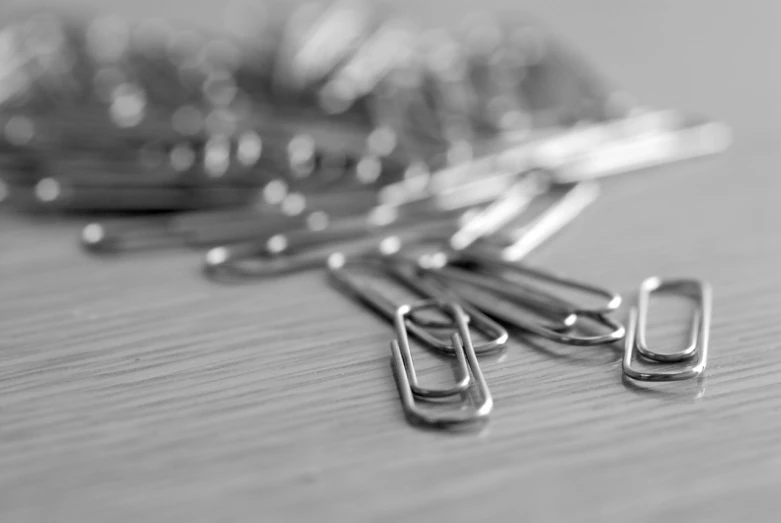 a bunch of paper clips sitting on top of a table, a macro photograph, monochromatic photo, metal handles, high details photo