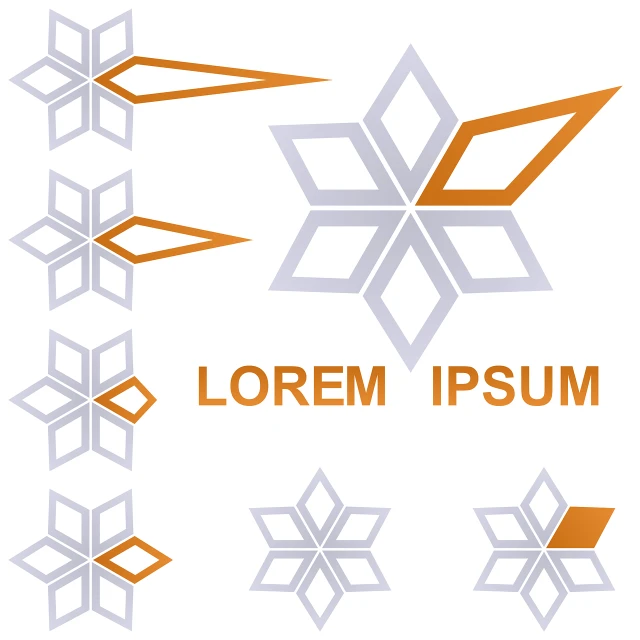 a number of snowflakes on a white background, inspired by Lubin Baugin, abstract illusionism, gray and orange colours, clematis theme logo, thick squares and large arrows, sharp focus illustration