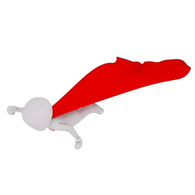 a person in a red cape flying through the air, superflat, lying on back, 3 d cartoon, white cape, super long shot