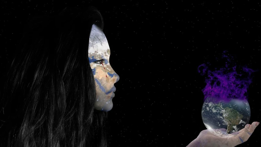 a woman holding the earth in her hands, digital art, by Jeanna bauck, digital art, profile face, a shaman holding up the universe, panoramic centered view of girl, looking to his side