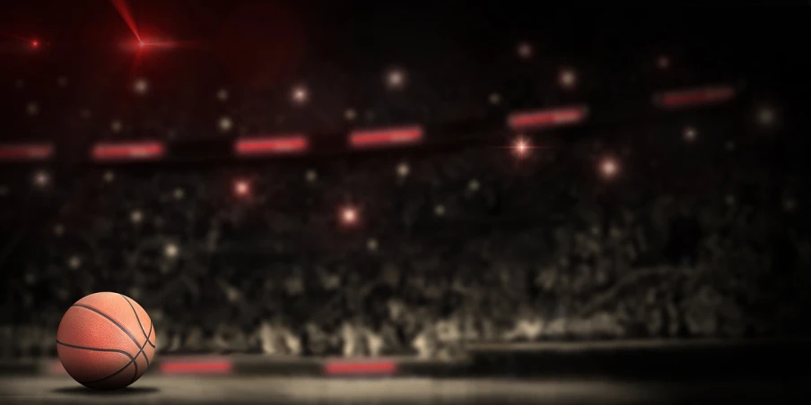 a basketball ball sitting on top of a basketball court, digital art, by Béla Nagy Abodi, digital art, red sprites in the atmosphere, defocused bars in the foreground, soccer stadium, night time footage