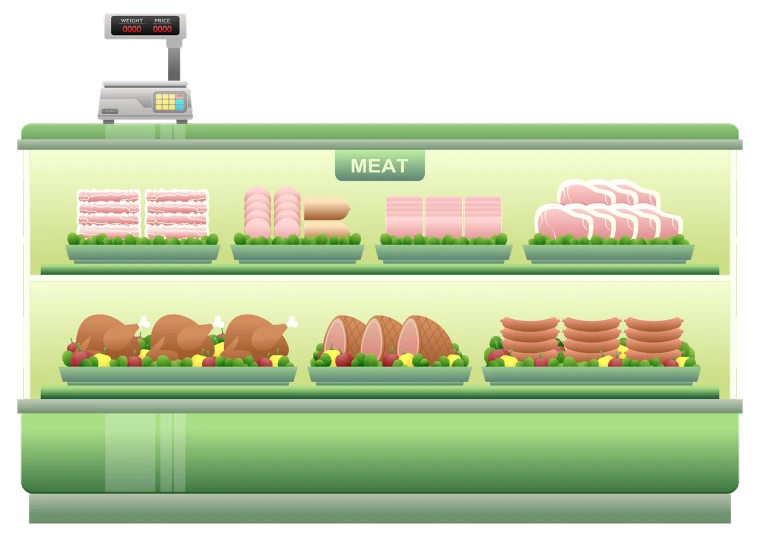 a display case filled with meat and vegetables, a digital rendering, by Josetsu, shutterstock, naive art, detailed vector, electronic case display, elevation, green