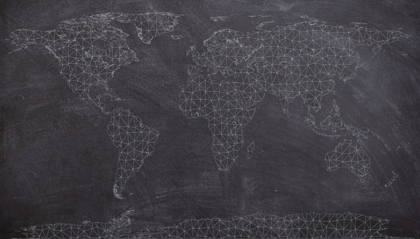 a chalk drawing of a world map on a blackboard, chalk art, pexels, art deco, tessellated planes of rock, clear detailed view, product introduction photo, benjamin vnuk