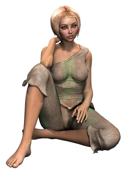 a woman sitting on the ground with her legs crossed, a 3D render, by senior character artist, renaissance, muted colored bodysuit, (((mad))) elf princess, realistic face and body hybrid, olive thigh skin