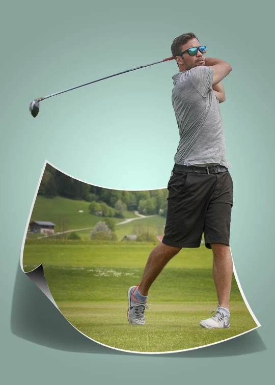 a man swinging a golf club at a golf course, a picture, inspired by Sven Nordqvist, shutterstock, digital art, cut out collage, brochure, rounded corners, half body photo