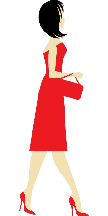 a woman in a red dress walking with a purse, a cartoon, inspired by Coles Phillips, trending on cg society, 🎨🖌️, waist reaching ponytail, older woman, loosely cropped