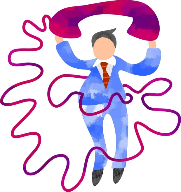 a man in a suit and tie holding a phone, a cartoon, figuration libre, hanging rope, fuchsia and blue, serpentine pose gesture, painterly illustration