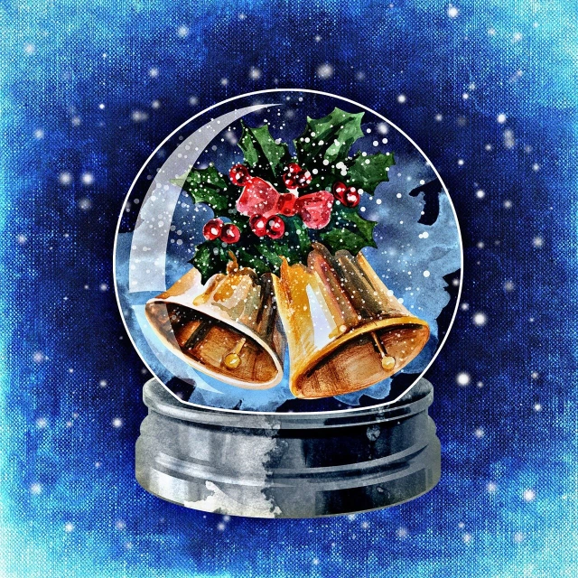a snow globe with a bunch of bells inside of it, by Elaine Hamilton, digital art, digitial painting, wrapped blue background, watercolor painting style, [ [ hyperrealistic ] ]