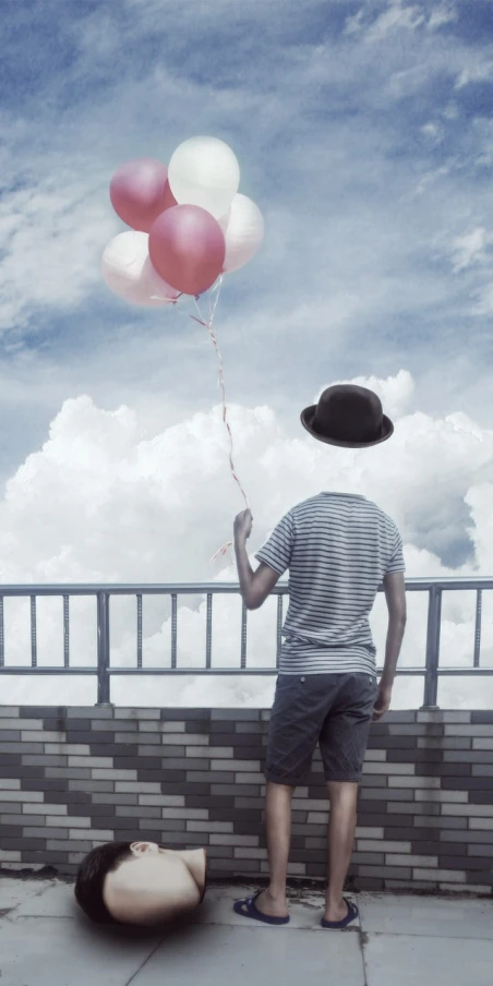 a man holding a bunch of red and white balloons, unsplash, magical realism, desaturated, looking across the shoulder, cotton candy clouds, waiting