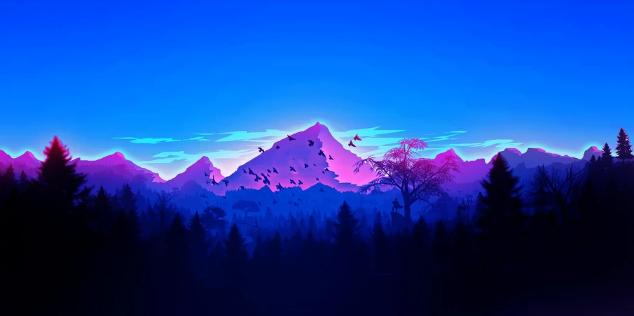 a mountain with a flock of birds flying over it, a digital painting, 4k vertical wallpaper, blue and pink colors, mountain forest in background, colorful high contrast hd