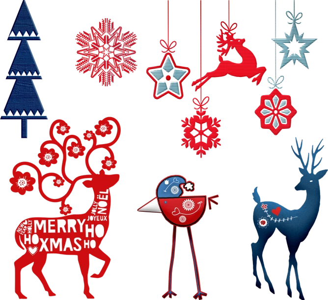a collection of christmas decorations on a black background, a digital rendering, by Tom Scott RSA, folk art, light red and deep blue mood, deers, designers republic, high res