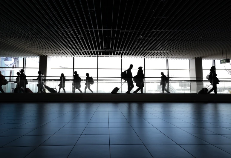 a group of people walking through an airport, a picture, silhouettes, low ceiling, panel, image