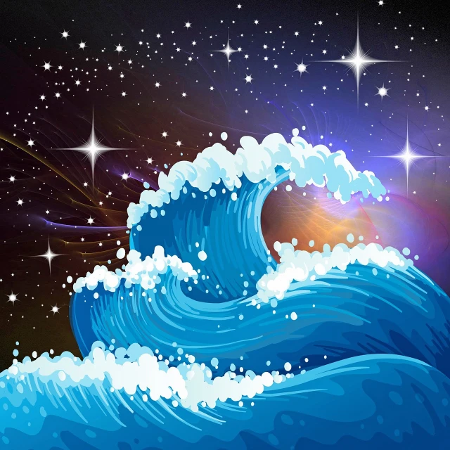 a picture of a big wave in the ocean, vector art, space art, background of stars and galaxies, cartoon style illustration, masterpiece illustration, twinkling and spiral nubela