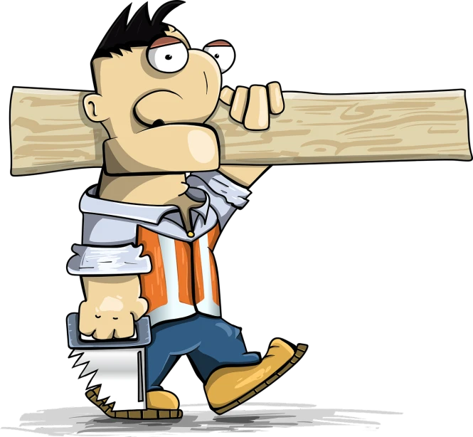 a cartoon man carrying a large piece of wood, a cartoon, inspired by Bob Ringwood, shutterstock, on black background, high detail illustration, full color illustration, anxious. highly detailed