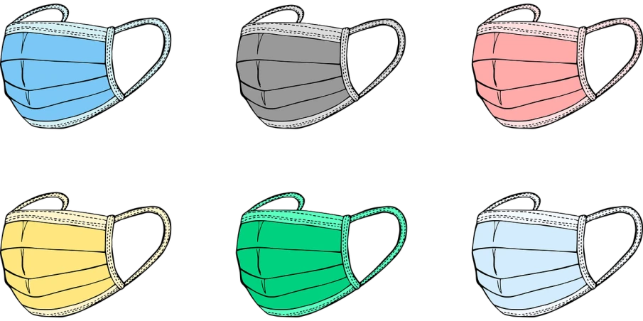 a variety of face masks on a black background, a digital rendering, 6 colors, illustration black outlining, 2 colors, surgical mask covering mouth