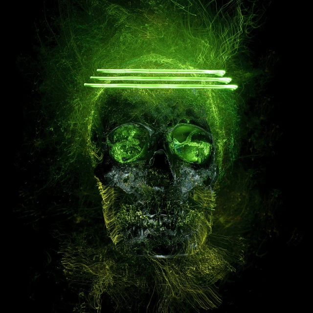 a close up of a skull with green eyes, digital art, nuclear art, energy trails, 3 d render of a shaman, glowing particulate, green neon signs
