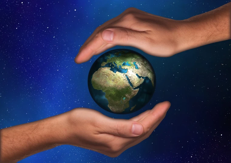 two people holding the earth in their hands, symbolism, space photo, computer generated, closeup photo, portlet photo