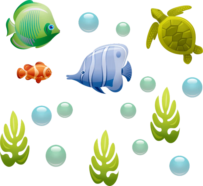 a group of fish and plants on a black background, an illustration of, seaweed and bubles, turtle, game icon asset, diana levin