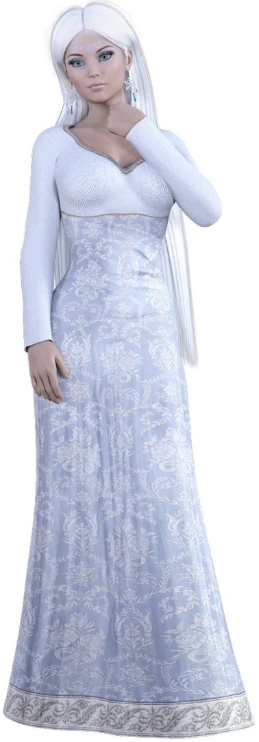 a woman in a white dress talking on a cell phone, an ambient occlusion render, inspired by Slava Raškaj, arabesque, long dress female, npc with a saint\'s halo, the sims 4 texture, white hijab