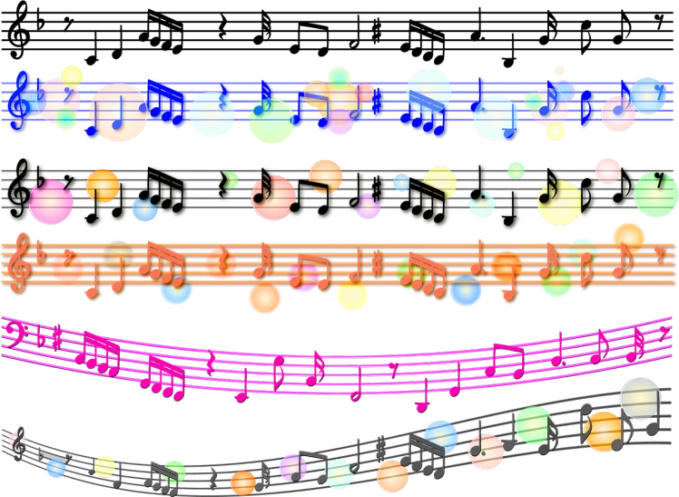 a group of musical notes sitting on top of a musical staff, a digital rendering, inspired by Girolamo Muziano, dark neon colored universe, [ bubbles, ornaments, long