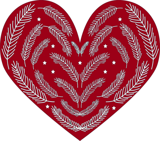 a red heart with a pattern of leaves on it, a digital rendering, inspired by Harry Clarke, hurufiyya, feather, red and grey only, !!! very coherent!!! vector art, bottom - view