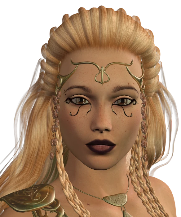 a close up of a woman with long blonde hair, a digital rendering, inspired by Elmyr de Hory, greek amazon warrior, second life avatar, face accessories, fae teenage girl