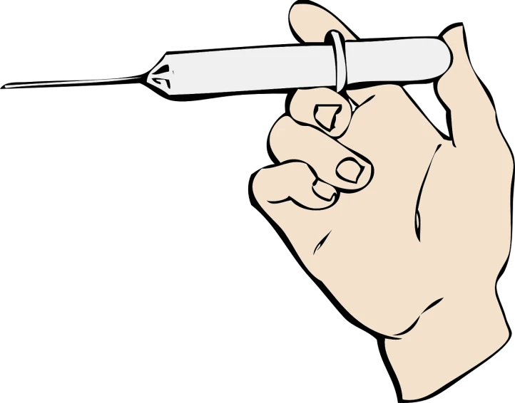 a person holding a needle in their hand, a detailed drawing, by Andrei Kolkoutine, pixabay, conceptual art, drugs, white outline, threatening, permanent marker