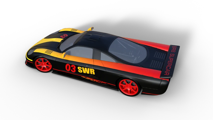 a close up of a toy car on a black background, inspired by Chris Foss, polycount contest winner, superflat, saleen s7, super saiyan 3, centered full body rear-shot, solidworks