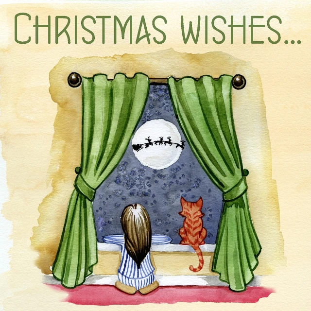 a painting of a girl looking out a window at a cat, by Sylvia Wishart, pixabay, christmas night, card, each wish resign ’ d, back