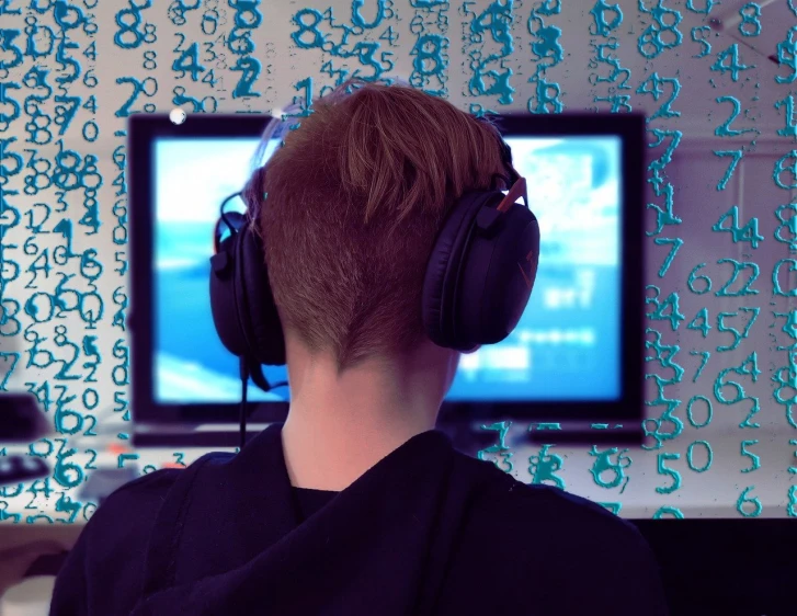 a man sitting in front of a tv wearing headphones, a computer rendering, by John Luke, pixabay, matrix code, young blonde boy fantasy thief, closeup shot, mathematical