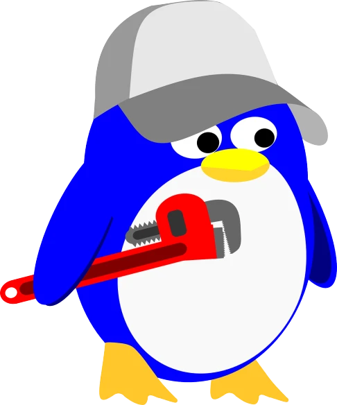 a penguin with a wrenet in its mouth, an illustration of, by Josetsu, pixabay, dada, wrenches, plumbing jungle, blue penguin, maintenance photo