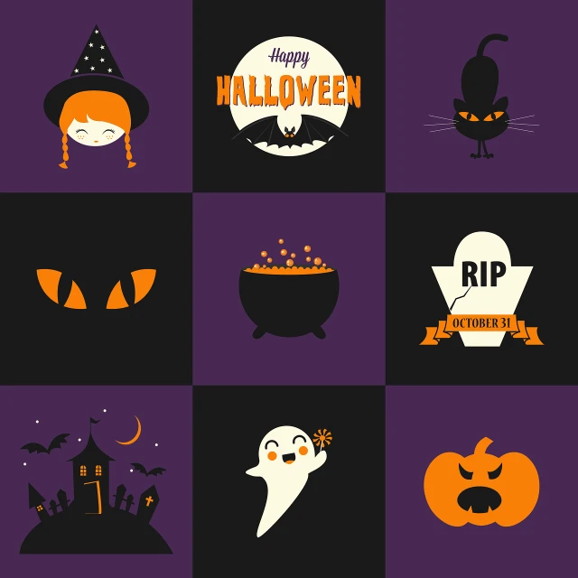 a set of halloween icons on a purple background, vector art, by Viktor Oliva, shutterstock, symbolism, modern simplified vector art, a beautiful artwork illustration, mascot illustration, retro dark vintage