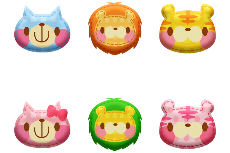a bunch of different animal faces on a black background, a pastel, sōsaku hanga, ingame image, plush leather pads, with same hairstyle, jelly