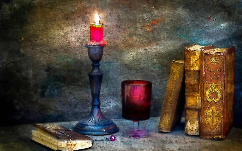 a candle sitting on top of a table next to a book, a still life, by Ivana Kobilca, romanticism, grungy; colorful, [[fantasy]], in a medieval crypt, prize winning color photo