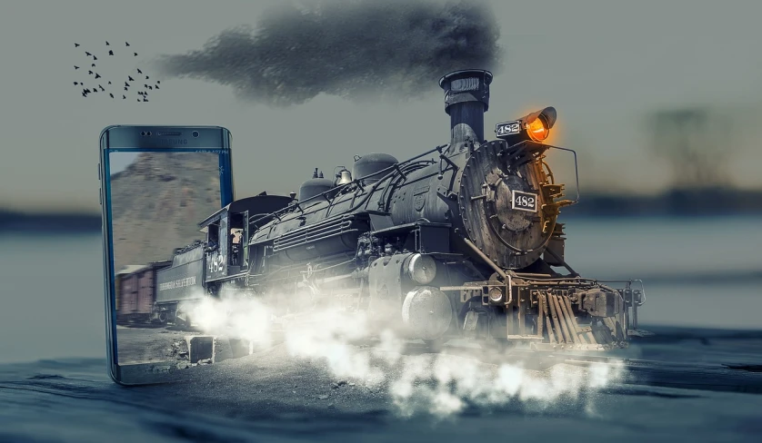 a train with smoke coming out of it next to a cell phone, a portrait, by Wayne England, pixabay contest winner, fantastic realism, new mexico, 🕹️ 😎 🔫 🤖 🚬, hq 4k phone wallpaper, edited in photoshop