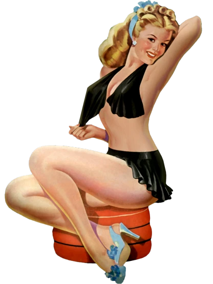 a pinup girl sitting on top of a suitcase, flickr, digital art, she is wearing a black tank top, earl moran, barrel chested, detail