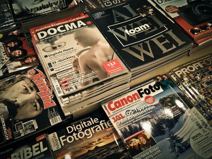 a bunch of magazines sitting on top of a table, by Thomas Häfner, flickr, soft filmic tonemapping, canon portrait, !! very coherent!!, daniel dociu