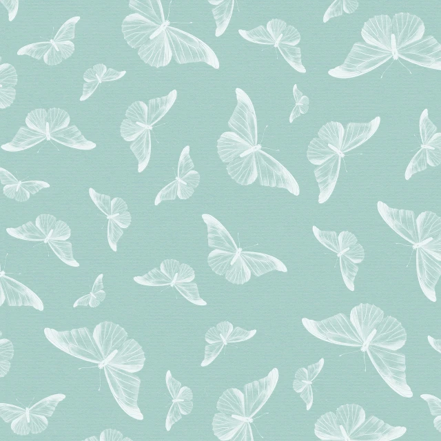 a pattern of white butterflies on a blue background, a pastel, trending on cg society, sea green color theme, gauze, linen, in flight