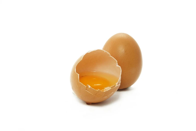 a broken egg sitting on top of a white surface, an illustration of, by Yi Jaegwan, shutterstock, close-up product photo, brown, high detail product photo, twins