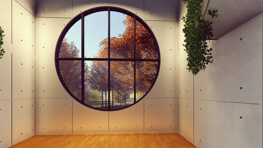 a room with a round window and a wooden floor, inspired by Tadao Ando, pixabay, modernism, with trees, steel window mullions, during autumn, round mirror on the wall