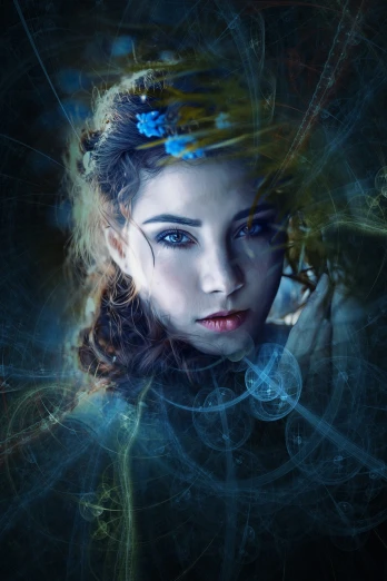 a woman with a flower in her hair, by Galen Dara, pixabay contest winner, digital art, beautiful blue glowing eyes, maya ali as a storm sorcerer, high quality fantasy stock photo, blue reflective eyes
