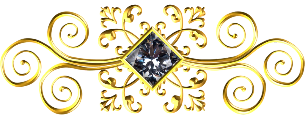 a gold and diamond brooch on a black background, a digital rendering, inspired by Aleksandr Ivanovich Laktionov, pierced navel, square, scrollwork, 3 d + digital art