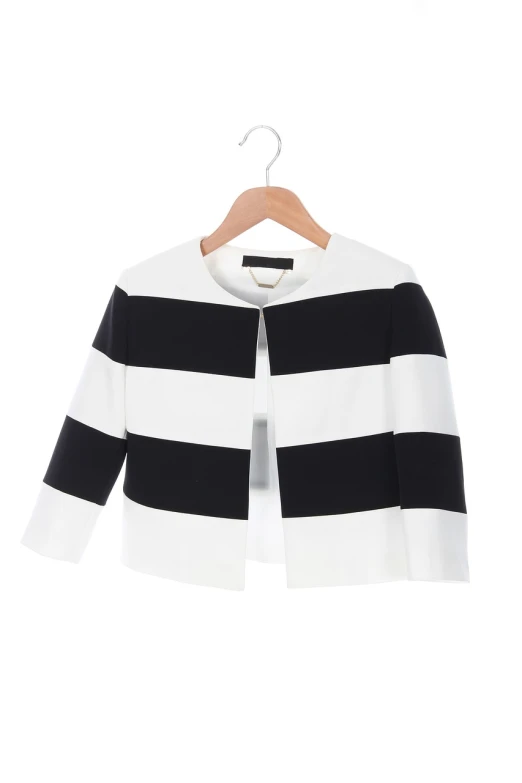 a black and white striped jacket on a hanger, by Joseph Raphael, trending on shutterstock, minimalism, wearing a cropped top, high detail product photo, on white, sandra chevier