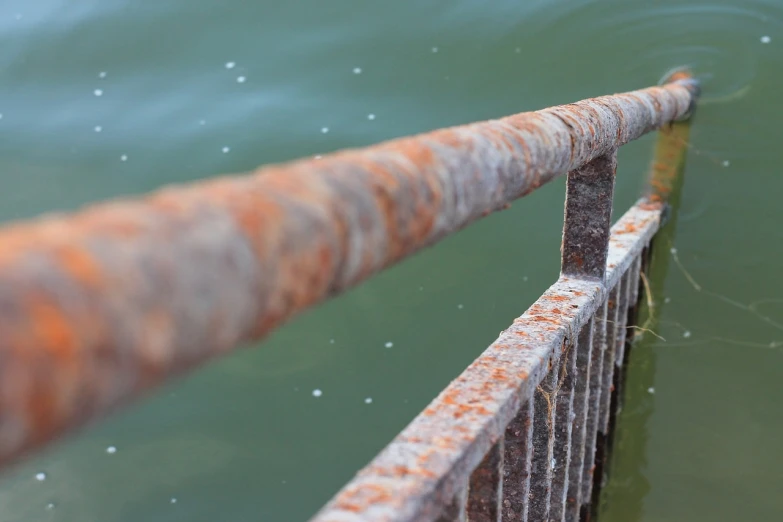 a rusted metal fence next to a body of water, a picture, by Richard Carline, 4k detail post processing, guardrail, detail structure, heavy conduits