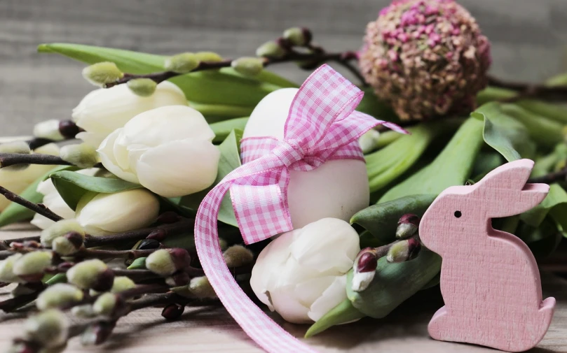 a bunch of flowers sitting on top of a wooden table, a picture, figuration libre, easter, 15081959 21121991 01012000 4k, ribbon, small