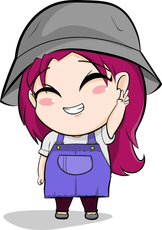 a cartoon girl wearing a hat and overalls, deviantart contest winner, mingei, she has purple hair, animated episode still, farmer, chunky!!!